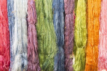 Colorful silk thread hung to be dried after dyeing