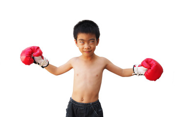 portrait of happy young kid with boxing glove