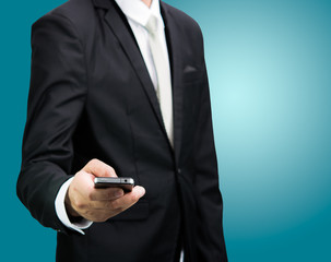 Businessman standing posture hand hold phone isolated