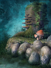 Pień drzewa z bluszczem, skały i grzyby © Obsidian Fantasy