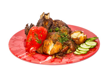 stewed potatoes with meat on a white background