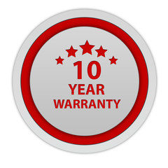 Ten year warranty circular icon on white background