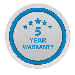 Five year warranty circular icon on white background