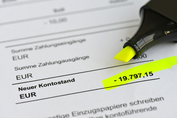 Kontoauszug, Soll, Minus, Überschuldung, Privatinsolvenz, Dispo