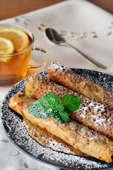 Crepes With Strawberry Jam On The Brown Plate. Pancakes.