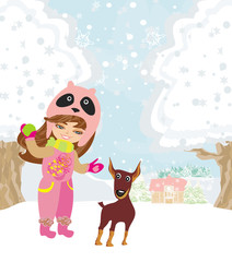 winter girl and her dog
