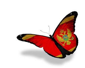 Montenegro flag butterfly flying, isolated on white background
