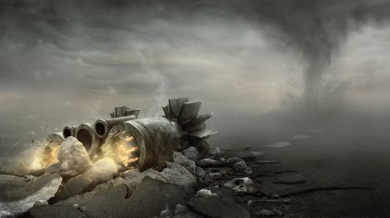 Crashed missile rocket in the road with tornado © cakobelo