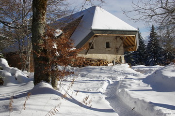 chalet sous la neige