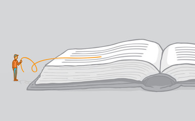 Small man reading between the lines interpreting a book
