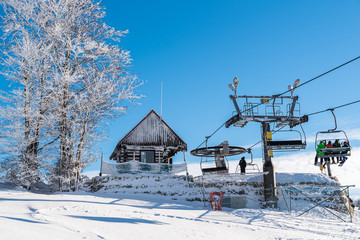 Ski lift in Wierchomla winter resort, Poland