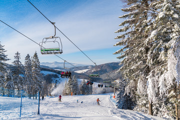 Ski lift in Wierchomla winter resort, Poland