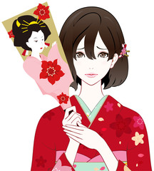 着物の女性　羽子板　困り顔