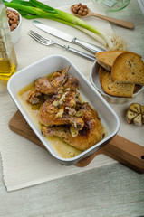 Roasted chicken parts with bio garlic, herb-garlic toast