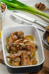 Roasted chicken parts with bio garlic, herb-garlic toast