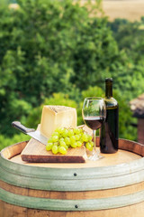 Red wine, cheese and grapes on a background of the Tuscan landsc
