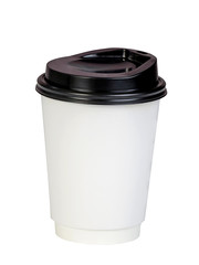 Paper coffee container with black lid on white background