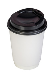 Paper coffee container with black lid on white background