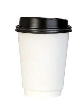 Paper coffee container with black lid on white background