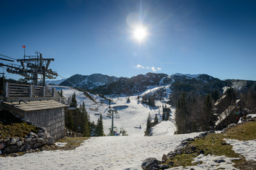 Naklejka premium Ski slopes of Vogel, Julian Alps, Slovenia, Europe.
