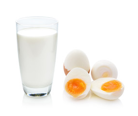 glass of milk and boiled egg isolated on white