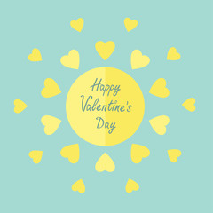 Sun with hearts in flat design Valentines day Blue background.