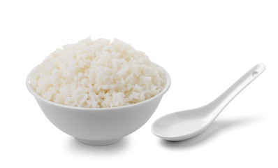bowl full of rice and spoon on white background