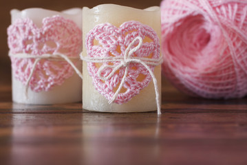 Handmade crochet pink heart for candle for Saint Valentine's day
