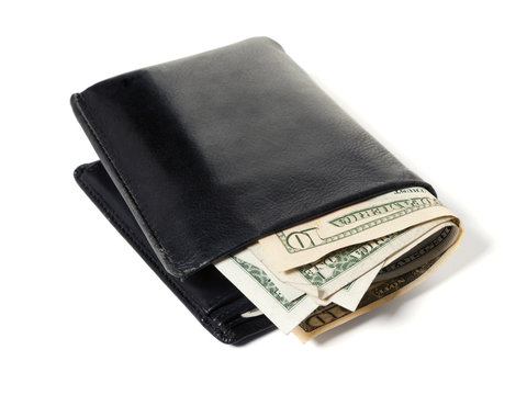 Dollar bills in black leather wallet