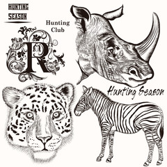 Collection of hand drawn animals for hunting design