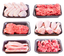 set of various raw meat in a plastic tray