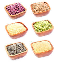 set of various food ingredients in wooden bowl