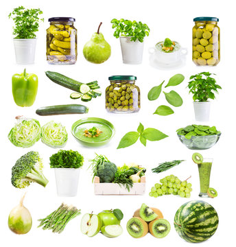 various green food isolated on white background