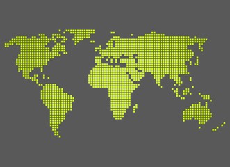 Weltkarte aus gelb-grünen Pixeln auf grauem Hintergrund