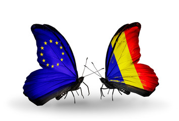 Two butterflies with flags EU and Chad, Romania