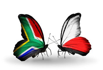 Two butterflies with flags South Africa and Poland