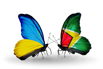 Two butterflies with flags Ukraine and Guyana