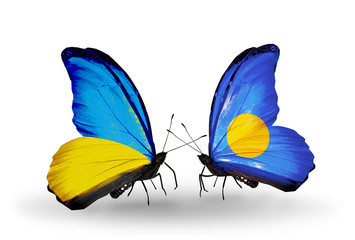 Two butterflies with flags  Ukraine and Palau