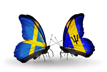 Two butterflies with flags  Sweden and Barbados