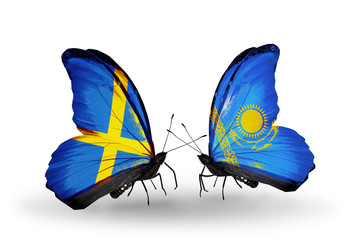 Two butterflies with flags Sweden and Kazakhstan