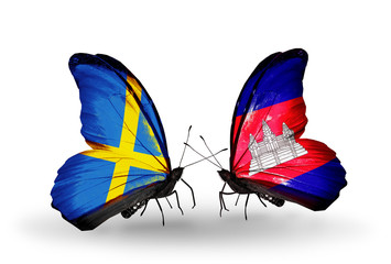 Two butterflies with flags Sweden and Cambodia