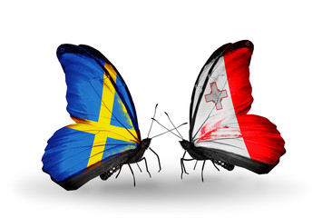 Two butterflies with flags Sweden and Malta
