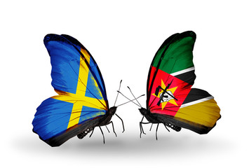 Two butterflies with flags Sweden and Mozambique