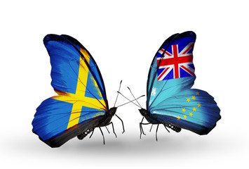 Two butterflies with flags Sweden and Tuvalu