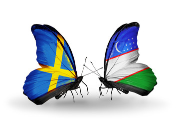 Two butterflies with flags Sweden and Uzbekistan