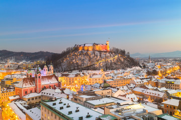 Panorama of Ljubljana in winter. Slovenia, Europe.