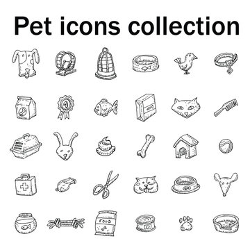Pet icons doodle set, vector illustration.