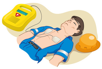 first aid employee with portable defibrillator - obrazy, fototapety, plakaty