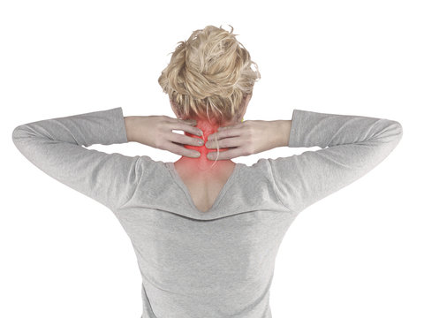 Woman with palm to show pain and injury on  neck area.