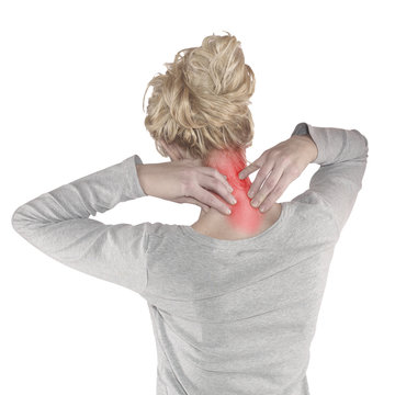 Woman with palm to show pain and injury on  neck area.